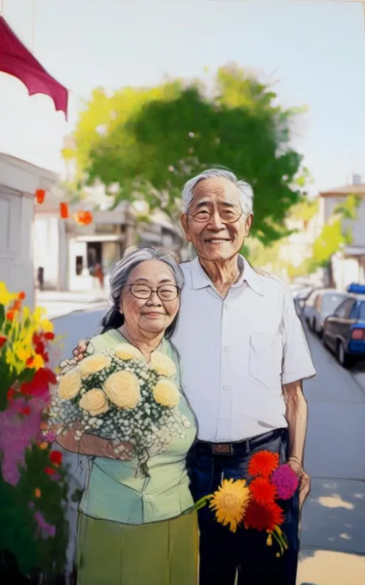 Prompt: <mymodel> pencil-sketch of a happy older asian couple standing next to each other on a sidewalk. the man has a bouquet in his hand and the woman has her arm behind her back.