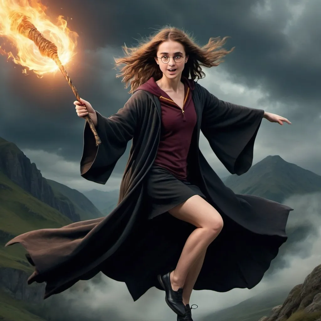 Prompt: Harry Potter as a woman riding a firebolt broomstick without robes