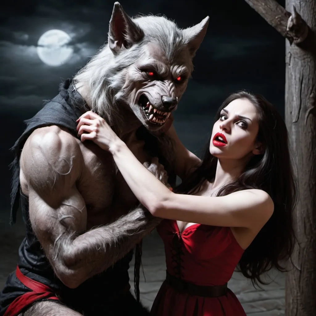 Prompt: werewolf tied by a she vampire
