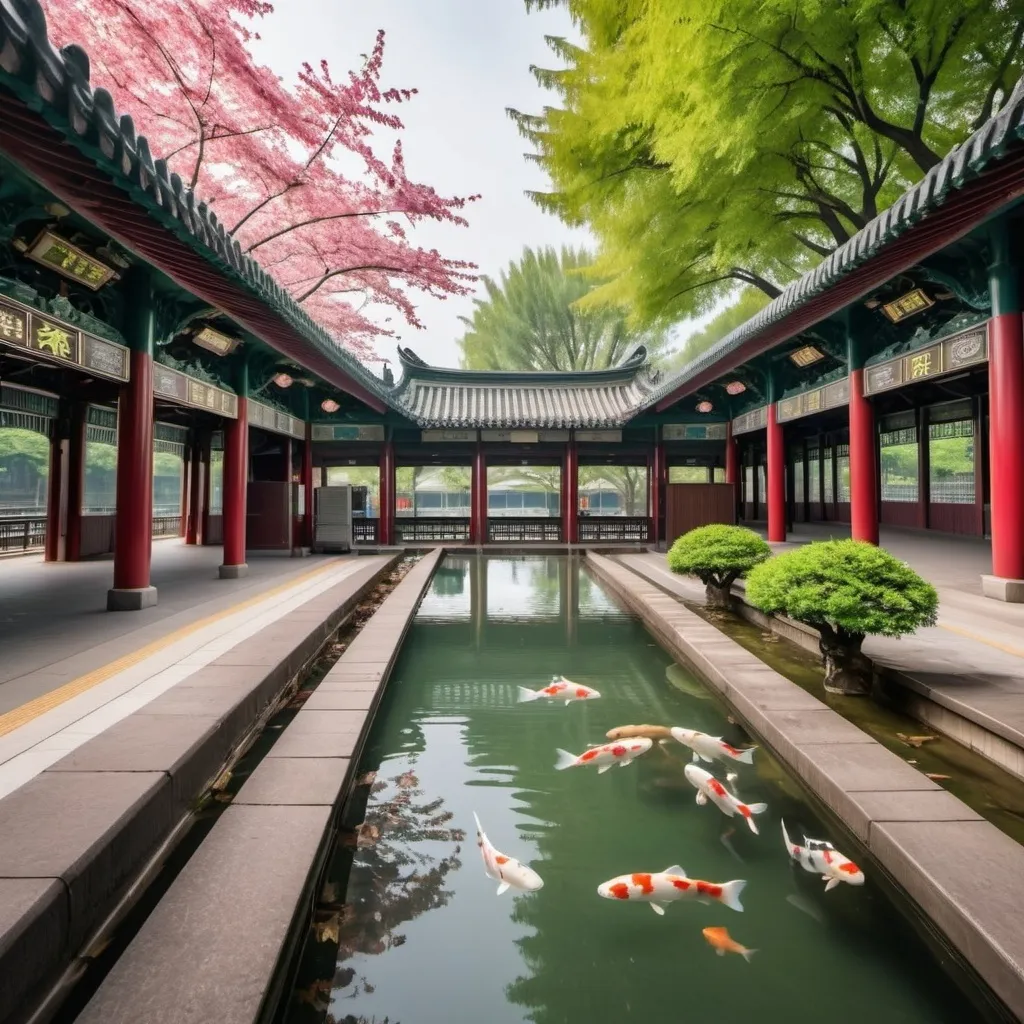 Prompt: A Train station without people and with old Chinese design and trees and instead of train track it will be full of water and koi fish with some pink and green leaves on top