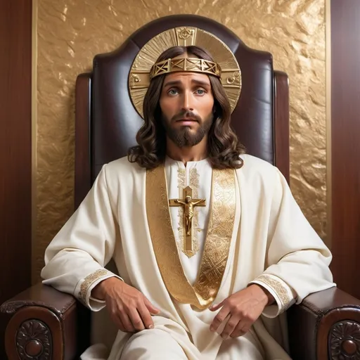 Prompt: Image of Jesus of Nazareth on suit looking like a modern or today's man, specifically like a Nigerian sitting as in a very rich office with modern decorations and in a position as though addressing a public 