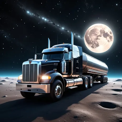 Prompt: A flatbed tractor trailer in space flying around the moon.