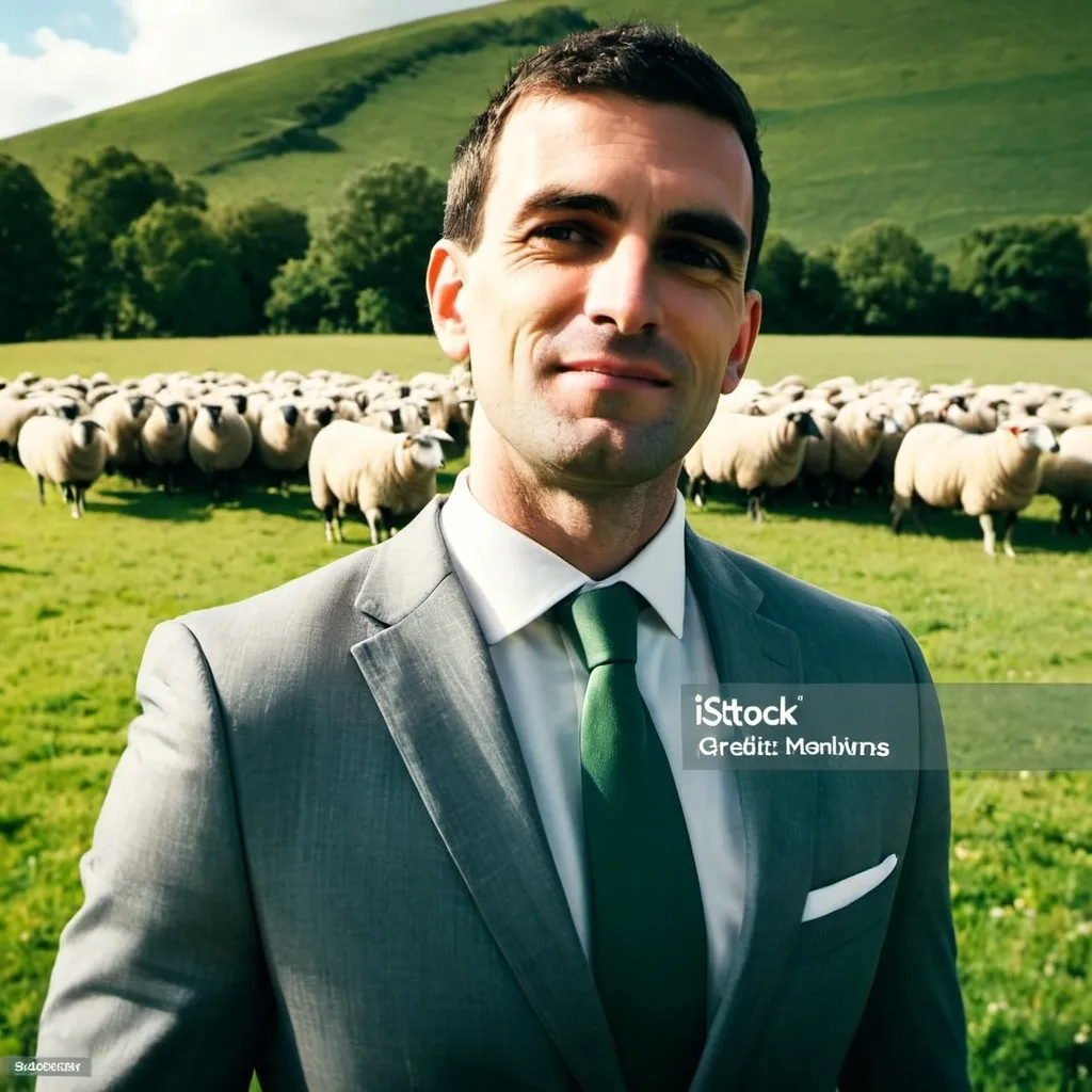 Prompt: a great flock of sheep is following a young and handsome and happy yuppy man wearing an expensive gray business suit by standing in a lush green meadow in English countryside, sunny day, happy atmosphere