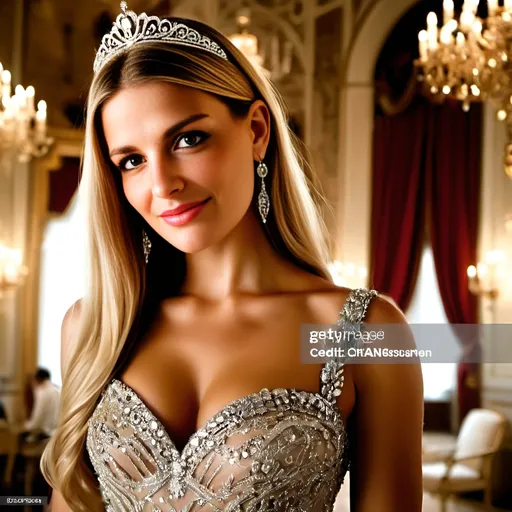 Prompt: a young and beautiful princess is wearing a sumptuous dress with jewelry and diamond tiara is standing in an luxurious palace balroom with throne and chandeliers, happy royal palace atmosphere