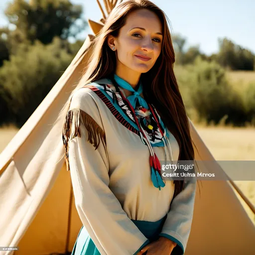 Prompt: young and beautiful Native American girl wearing Native American clothes is standing in front of a tupi tent in a western prairie, sunny day, happy atmosphere