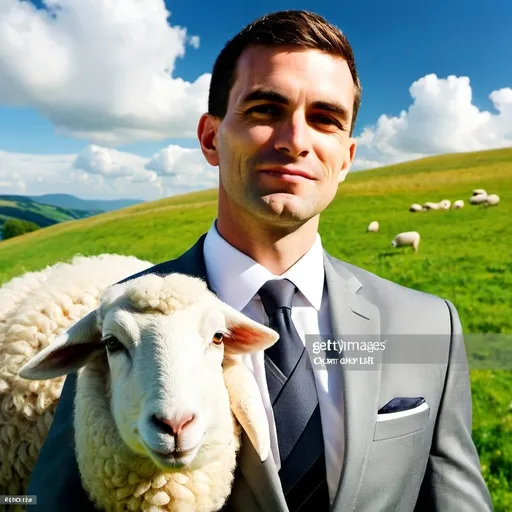 Prompt: (young and handsome man in expensive gray business suit), great flock of sheep, lush green meadow, (sunny day), (happy atmosphere), vibrant colors, serene landscape, bright sunlight bathing the scene, fluffy clouds dotting the sky, cheerful vibe, ultra-detailed, high-quality, inviting and pleasant, illustrating harmony between nature and modern life.