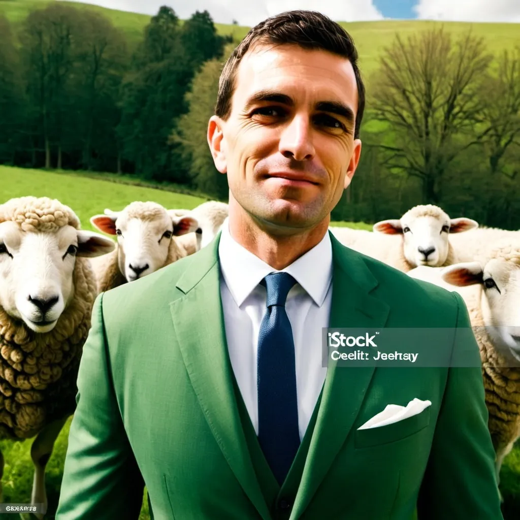 Prompt: handsome and happy yuppy man wearing an expensive business suit and hugging a gigantic ram with large horns and is being followed by a long line of sheep and lambs standing in a lush green meadow in English countryside, sunny day, happy atmosphere