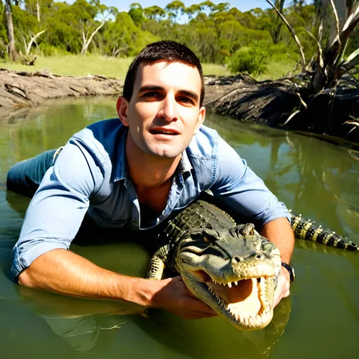 Prompt: (crouching handsome young man wearing Crocodile Dundee attire), cheerful crocodiles with open mouths, lush green swamp setting, bright sunlight illuminating the scene, vibrant colors, (Australia's unique landscape), playful and lively atmosphere, soft shadows, (ultra-detailed), serene blue sky above, gentle ripples in the water, enchanting natural surroundings, joyfulness conveyed through the crocodiles' expressions.