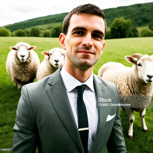 Prompt: a young and handsome and happy yuppy man wearing an expensive gray business suit and hugging a gigantic ram with large horns and is being followed by a great flock of sheep and lambs standing in a lush green meadow in English countryside, sunny day, happy atmosphere