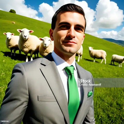 Prompt: (young and handsome man in expensive gray business suit), great flock of sheep, lush green meadow, (sunny day), (happy atmosphere), vibrant colors, serene landscape, bright sunlight bathing the scene, fluffy clouds dotting the sky, cheerful vibe, ultra-detailed, high-quality, inviting and pleasant, illustrating harmony between nature and modern life.