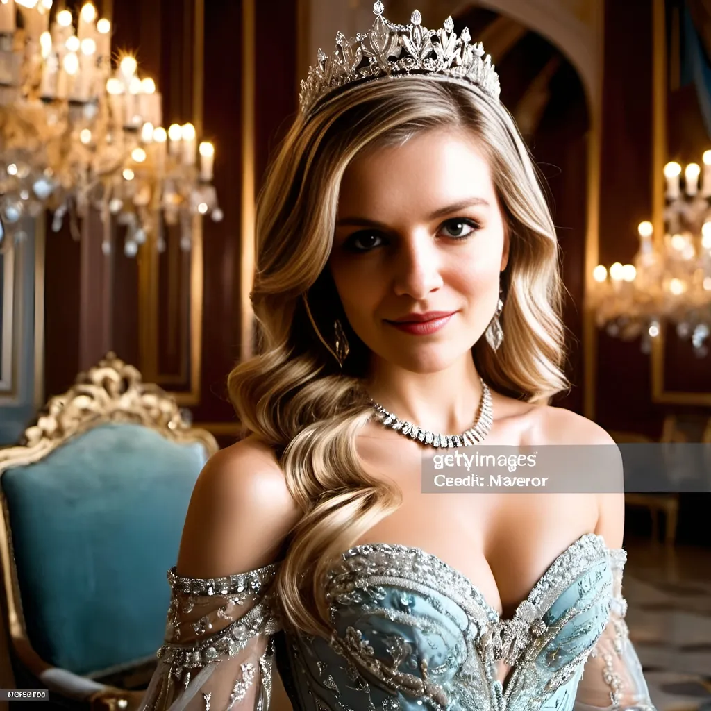 Prompt: a young and beautiful princess is wearing a sumptuous dress with jewelry and diamond tiara is standing in an luxurious palace balroom with throne and chandeliers, happy royal palace atmosphere