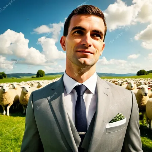 Prompt: (young and handsome man in expensive gray business suit), great flock of sheep, lush green meadow, (sunny day), (happy atmosphere), vibrant colors, serene landscape, bright sunlight bathing the scene, fluffy clouds dotting the sky, cheerful vibe, ultra-detailed, high-quality, inviting and pleasant, illustrating harmony between nature and modern life.