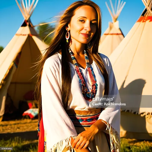 Prompt: young and beautiful Native American girl, (feather in hair), wearing traditional Native American clothing, standing in front of a tupi tent, western prairie background, (sunny day), cheerful ambiance, vibrant colors, greenery surrounding, natural sunlight casting soft shadows, (ultra-detailed), capturing the essence of happiness and cultural pride, encouraging a sense of warmth and connection to nature.