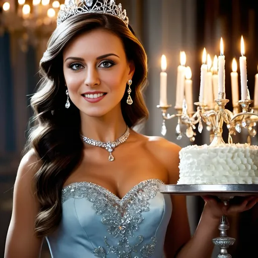 Prompt: a young and beautiful princess is wearing a sumptuous dress with jewelry and diamond tiara is standing in an luxurious palace ready to blow a candle on birthday cake with one candle, chandeliers, happy royal palace atmosphere