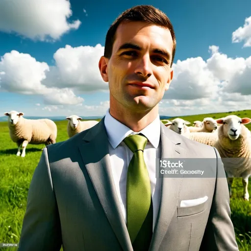 Prompt: (young and handsome man in expensive gray business suit), great flock of sheep, lush green meadow, (sunny day), (happy atmosphere), vibrant colors, serene landscape, bright sunlight bathing the scene, fluffy clouds dotting the sky, cheerful vibe, ultra-detailed, high-quality, inviting and pleasant, illustrating harmony between nature and modern life.