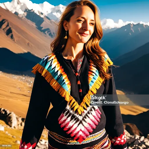 Prompt: a young and beautiful Peruvian Andean woman is wearing Peruvian garments and is standing on a mountain peak with Andes mountain range in the background, sunny day, happy atmosphere, condors flying above