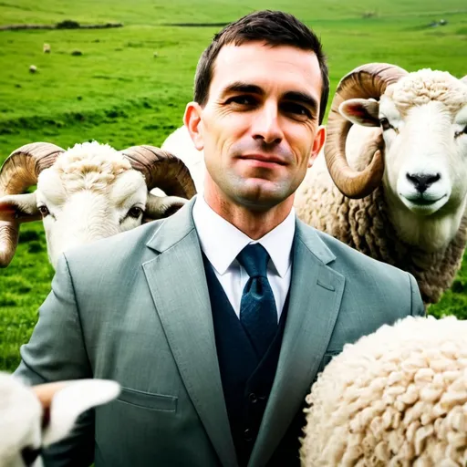 Prompt: handsome and happy yuppy man wearing an expensive business suit and hugging a gigantic ram with large horns and is standing in a lush green meadow in English countryside with river running through it, surrounded by countless sheep and lambs, sunny day, happy atmosphere