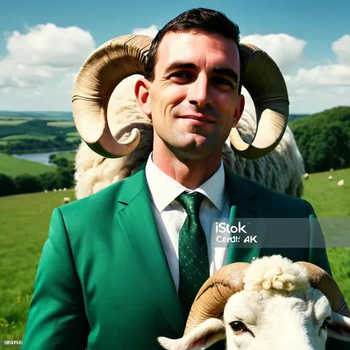 Prompt: (handsome and happy yuppy man), wearing an (expensive business suit), hugging a (gigantic ram with large horns), standing in a (lush green meadow) in the (English countryside), with a (sparkling river) running through, surrounded by (countless sheep and lambs), under a (bright sunny sky), embodying a (joyful and serene atmosphere), emphasizing (high detail, 4K, ultra-detailed).