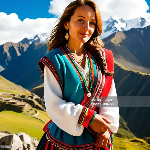 Prompt: (young and beautiful Peruvian Andean woman), wearing traditional Peruvian garments, standing confidently on a mountain peak, (Andes mountain range) in the background, (sunny day), cheerful and vibrant atmosphere, (condors soaring above), high quality, (ultra-detailed), lush green surroundings, blue sky with scattered clouds, a sense of adventure and freedom, cultural pride embodied.