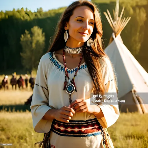 Prompt: young and beautiful Native American girl with a feather in hair wearing Native American clothes is standing in front of a tupi tent in a western prairie, sunny day, happy atmosphere