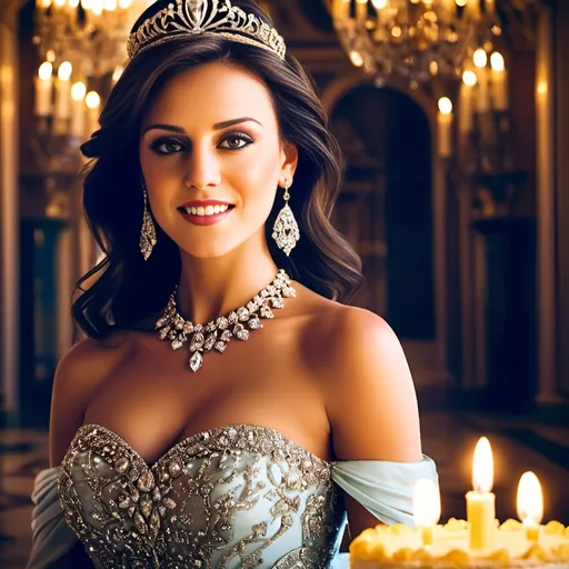 Prompt: (young and beautiful princess), wearing a sumptuous dress, exquisite jewelry, sparkling diamond tiara, standing in a luxurious palace, candle-lit birthday cake with one candle, grand chandeliers overhead, (happy royal palace atmosphere), elegant decor, vibrant color tones, warm soft lighting, ultra-detailed, capturing the essence of celebration and opulence.