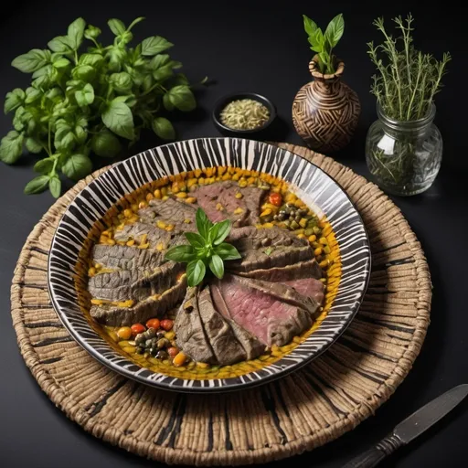 Prompt: african dish , herbs on a table with zebra print and black background with african atmosphere