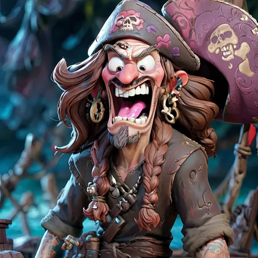 Prompt: Disney pixar character, 3d render style, old pirate evil laugh, cinematic colors