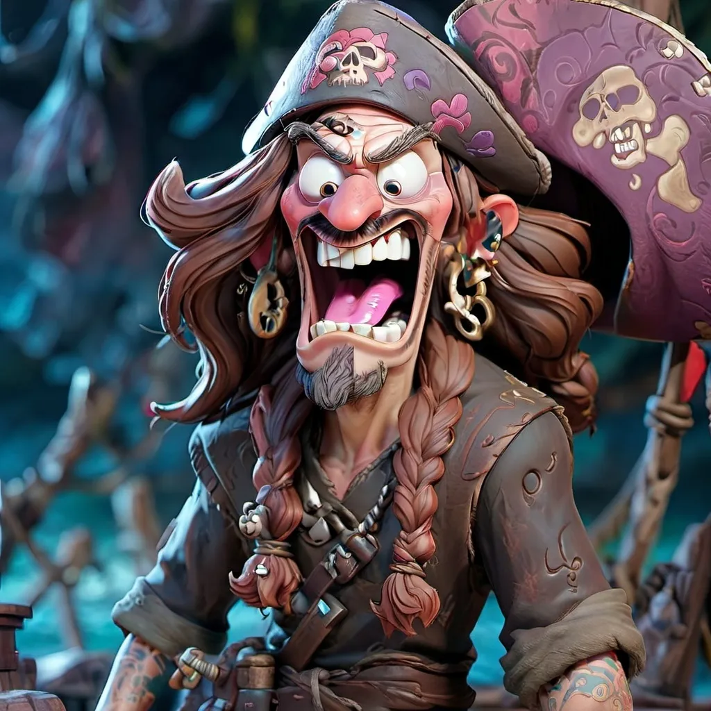 Prompt: Disney pixar character, 3d render style, old pirate evil laugh, cinematic colors