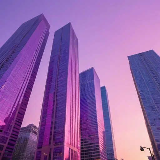 Prompt: purple and lavender skyscrapers in sunset light with tinges of bubblegum pink and periwinkle