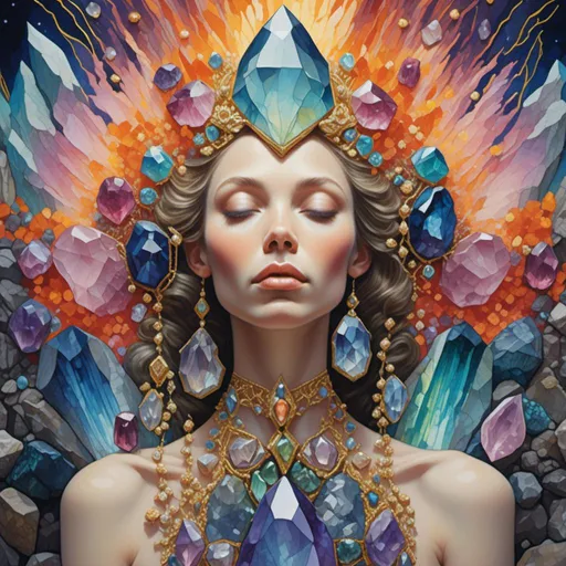 Prompt: <mymodel> Gemstone, gemstones, crystals, crystal, psychedelic, texture portrait woman beautiful meditation with animals around in the forest