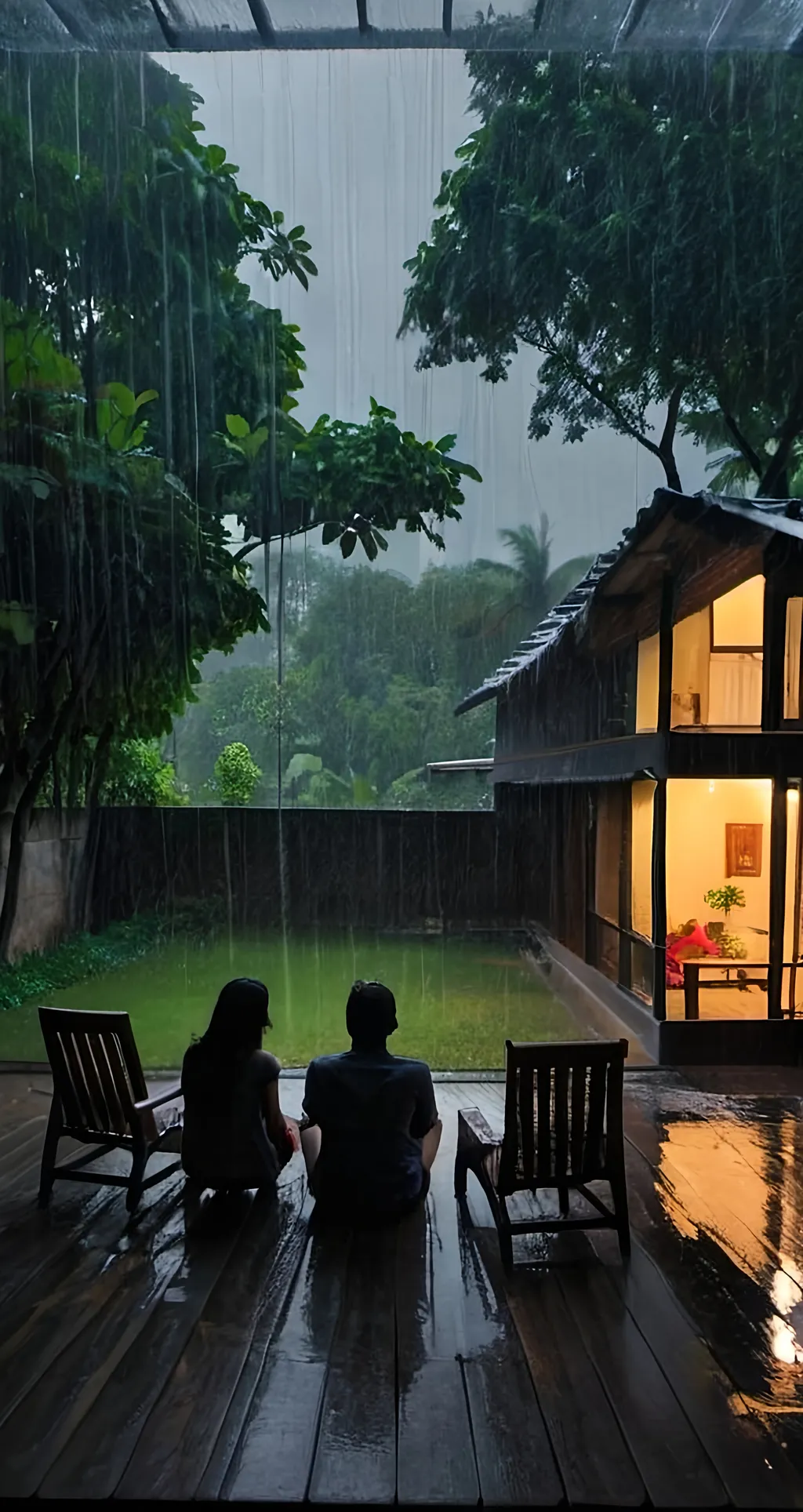 Prompt: Lovers watching rains inside their house 