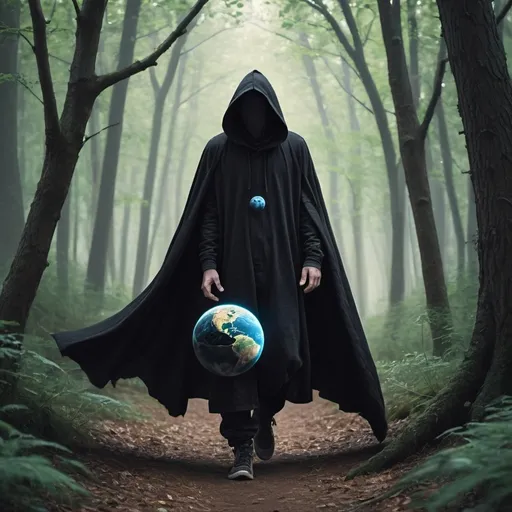 Prompt: cloaked hooded man walking through the woods carring a small stat with a planet in his hands