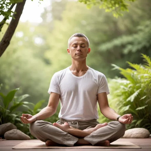 Prompt: A calm person meditating outdoors in soft natural light, focus on serenity, with subtle natural elements in the background."