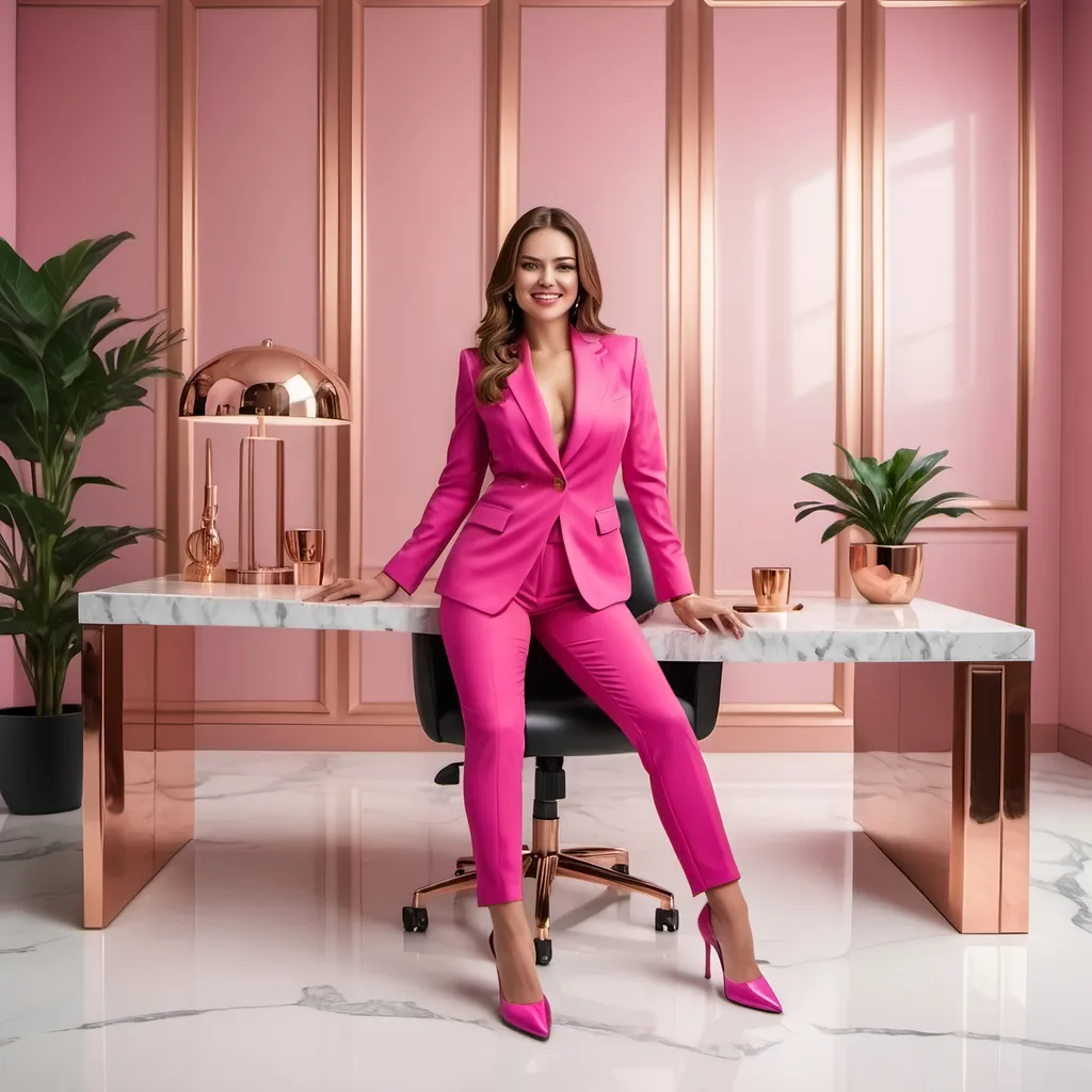 Prompt: Boss woman standing in marble rosegold luxurious office wearing high heels and a hot pink suit
