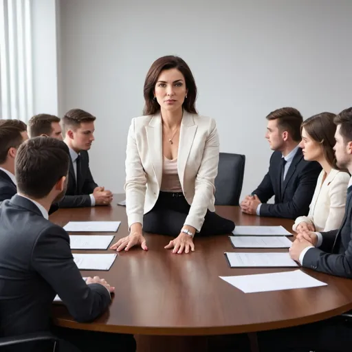 Prompt: photograph of a lady boss sitting in a board meeting with 24 male members, and her two female assistants standing behind her