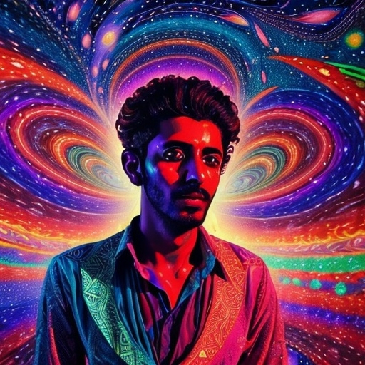 Prompt: Yemeni Man in a psychedelic art style modern, high energy atmosphere, you can see the Milky Way and stars in the background,  