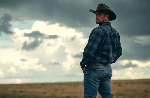 Prompt: photorealistic low contrast image Set against a broad prairie sky with thunderstorm in the distance stands a male cowboy body turned three quarters to the left looking over his shoulder at the camera. He has a rough, sweaty, and dirty face in his mid thirties, with typical greek facial features,  muscular body with beefy posterior and piercing blue eyes with a domineering stern look that suggests a confident personality, with a rugged build, toned arms, and a wide torso, hands in pockets with legs wide apart, dressed in worn-in and slightly torn jeans and a dirty blue and black plaid shirt with pockets,  scuffed brown leather cowboy boots and a well-worn, black cowboy hat. , detailed clothing textures