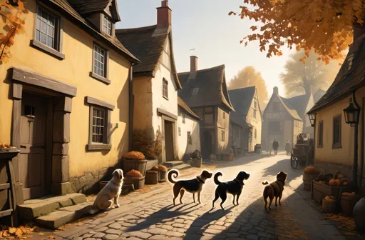 Prompt: Late 17th century small rural village on a sunny late fall day. Cell shaded picture of two dogs wandering a busy street looking alert and curious.