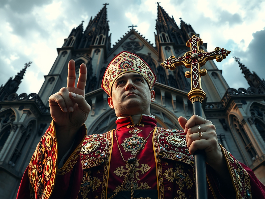 Prompt: Dramatic and cinematic view looking up at A thickset turkish man in his early 30s wearing an ornate byzantine bishops outfit standing very close to the front of a magnificent gothic cathedral that soars above as seen behind the bishop. The scene has dramatic stormy skies above. It is near sunset and lighting is high contrast and bold. He has one hand raised with two fingers held up close together and the other fingers curled. In the other he holds an expensive looking large staff with incredibly ornate jewel-encrusted cross on the top.