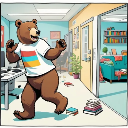 Prompt: (cartoon bear), exiting (office room), vibrant (colorful sofas) scattered throughout, dynamic scene of chaos, (books and cups) being thrown around, cheerful atmosphere, bright colors, (highly imaginative) style, playful expressions, cozy office environment, (ultra-detailed) design, (fun) setting, lively and energetic vibe, playful decor, whimsical details around the room, 4K quality, whimsical chaos, engaging and welcoming mood.