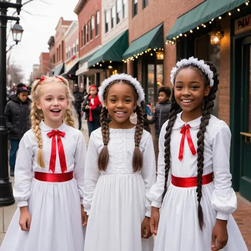 Prompt: It's Christmas day in downtown historic old town. The street is well decorated with string lights and garlands.   A little caramel colored black girl, age 9, with two long braided ponytails stands in the center. Beside her is a little white girl with blonde hair, an asian girl and a dark skinned black girl. They each are holding mics and happily singing. All are dressed in long sleeved all white Victorian dresses with red ribbons in their hair. 