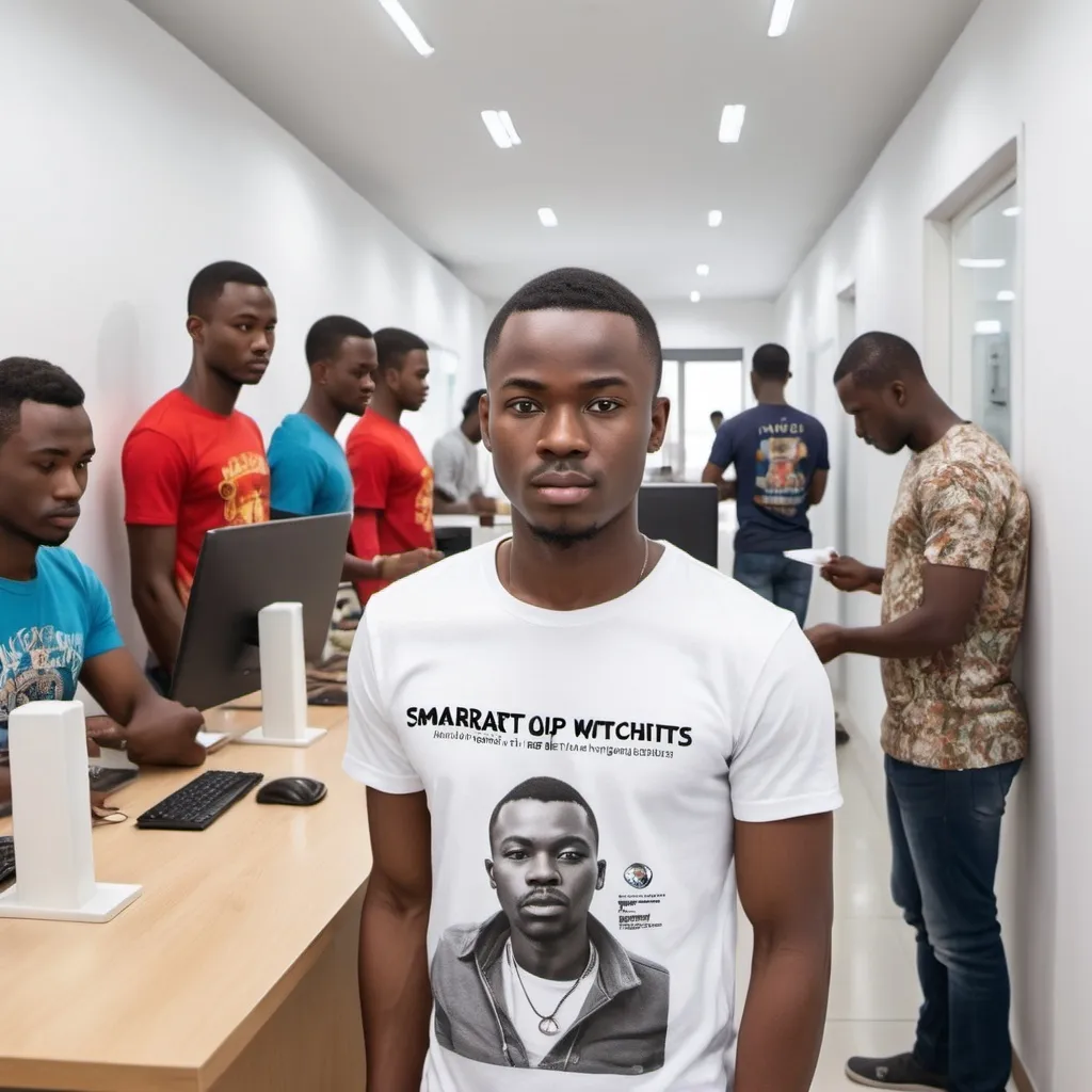 Prompt: Generate a hyper realistic image of an affrican young man in an exotic T-shirt with RSMART LINKS up printing on the shirt. Standing is an office hall with wihite wall, printing on the wall is TOP RMB VENDOR ,. In front of this man are table, with a laptop. Queue infront of him are customers trying to get their tickets to buy RMB