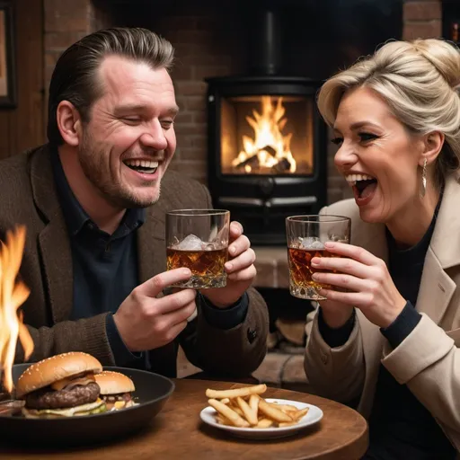 Prompt: sat infront of the fire with his bank balance on a flat screen behind him, whiskey with chin shaped ice, big greasy burger and a wife. Laughing at screen 