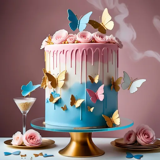 Prompt: pink and blue and white tall birthday cake with butterflies flying near it in pink and white and yellow on a glass golden table