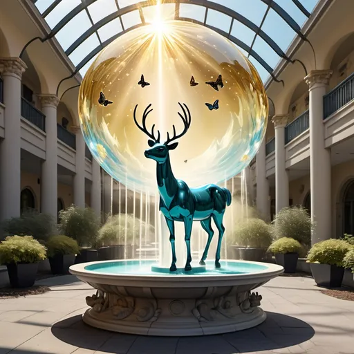 Prompt: a planet in light clouds building glass and gold sunrays shine butterflies birds deer water fountain in courtyard unicorn