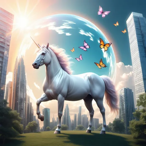 Prompt: a planet in light clouds tall glass buildings nearby sunrays shine butterflies cascade unicorn