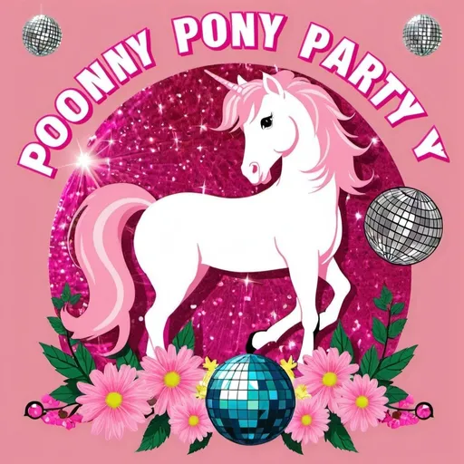 Prompt: A flowery graphic with a pink pony party with disco ball