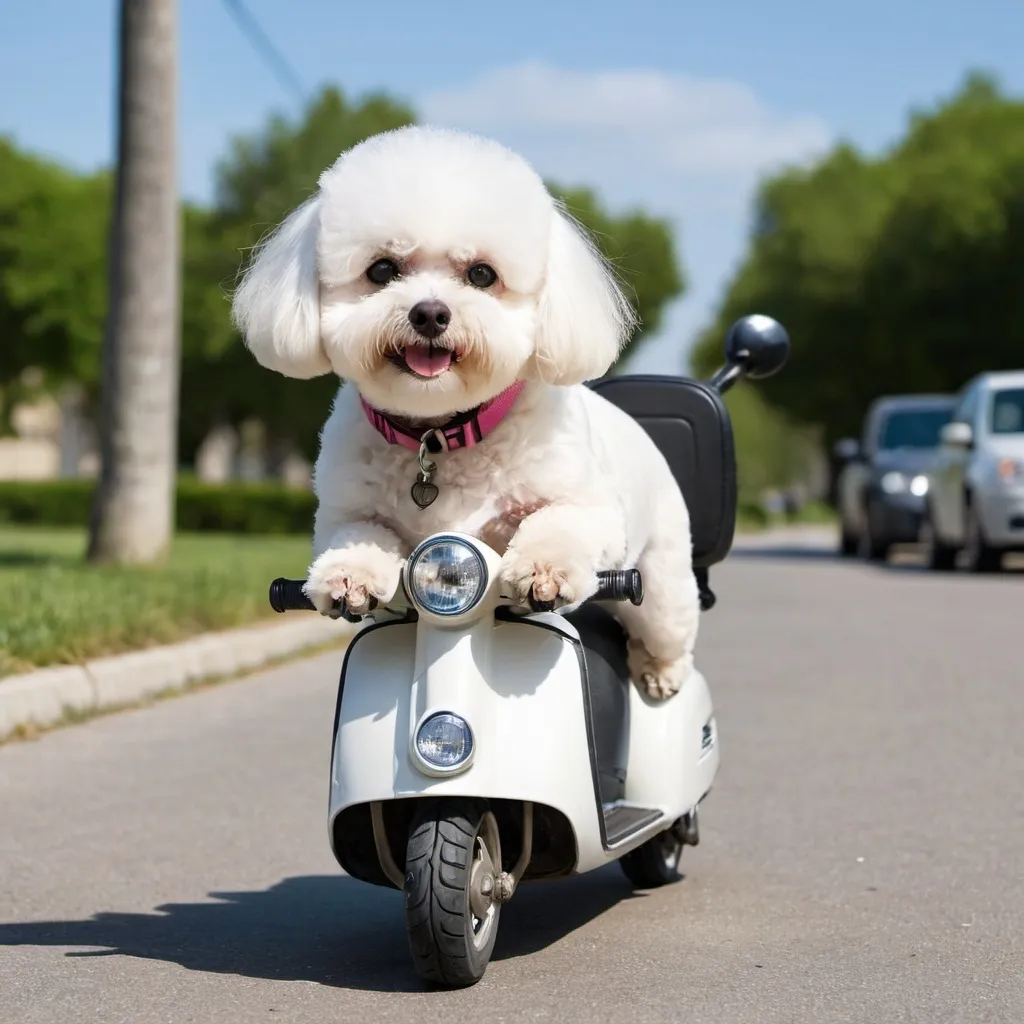 Prompt: Bichon maltais driving scooter