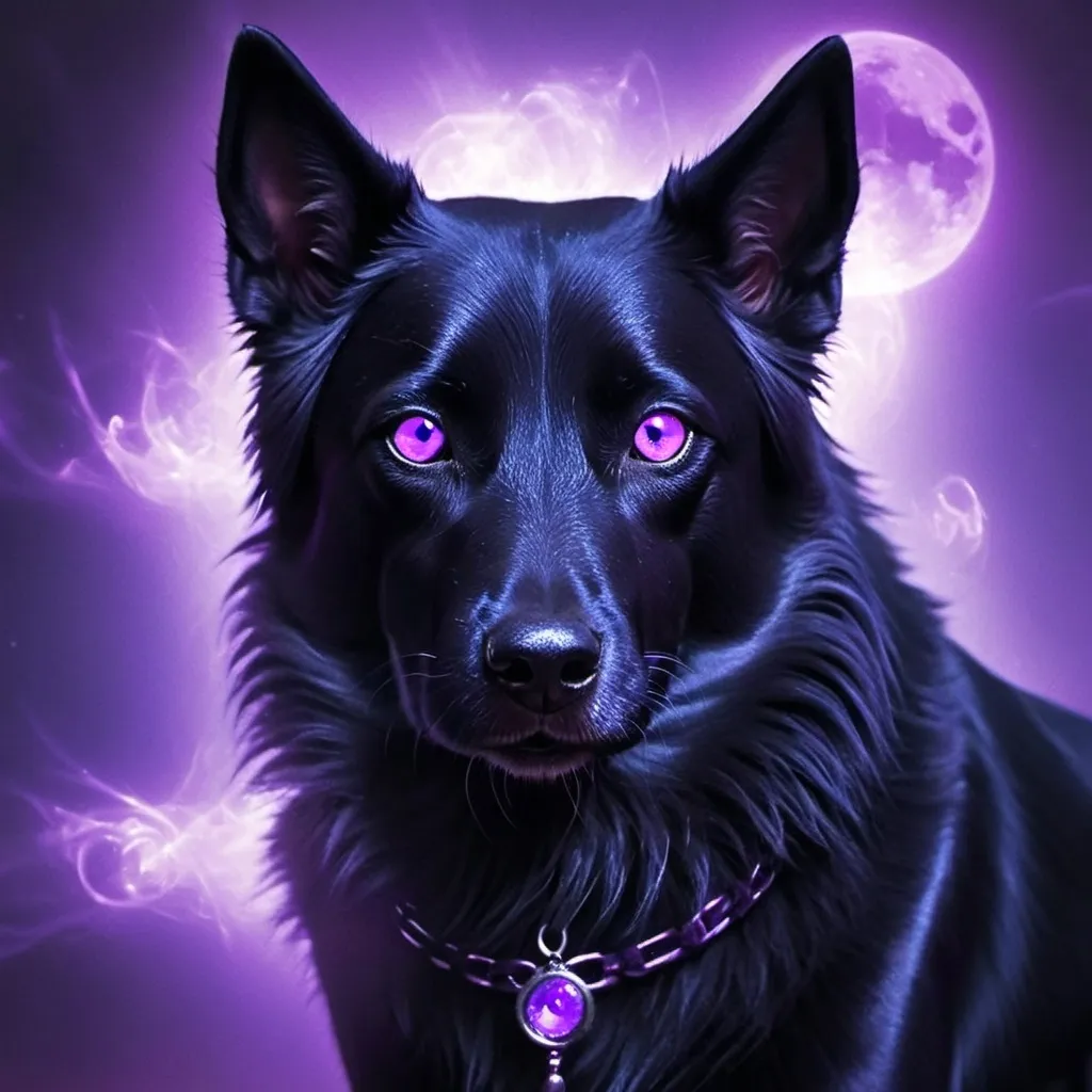 Prompt: (mysterious black dog with purple eyes), ethereal aura surrounding the dog, captivating and otherworldly atmosphere, magical and enchanting ambiance, soft glowing light illuminating the scene, deep contrasting shadows, shimmering accents in the aura, high quality image, enchanting and mesmerizing background same as the reference with blue lines instead of pink