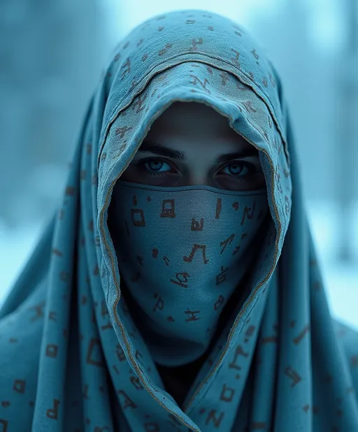 Prompt: Envision a close-up portrait of a female figure wrapped in ancient, hieroglyph-covered cloth, surrounded by a cold, polygonal blue background. The fabric is aged, with cobwebs adorning its edges, and each hieroglyph is meticulously detailed, adding layers of mystery to the figure. Only their eyes are visible, emanating an otherworldly presence that contrasts sharply with the sharp, crystalline facets of the background. The blue gradient ranges from icy whites to deep navy, giving a sense of an endless, frozen landscape. The detailed textures of the fabric and the clarity of the background facets make the scene feel tangible, as if the figure were a relic preserved within a digital prism. This fusion of ancient and modern aesthetics invokes a haunting and futuristic atmosphere, a glimpse into a world where the past is locked within an icy, geometric void.